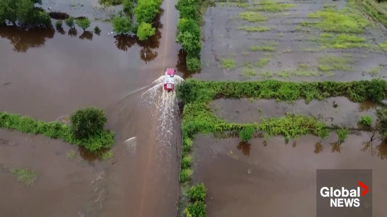 Greece floods: Drone video shows villages under water, bridge destroyed