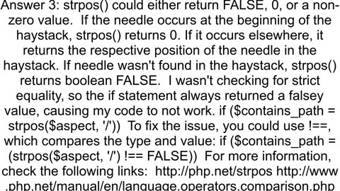 Loose truthy comparison on return value from strpos gives opposite expected result