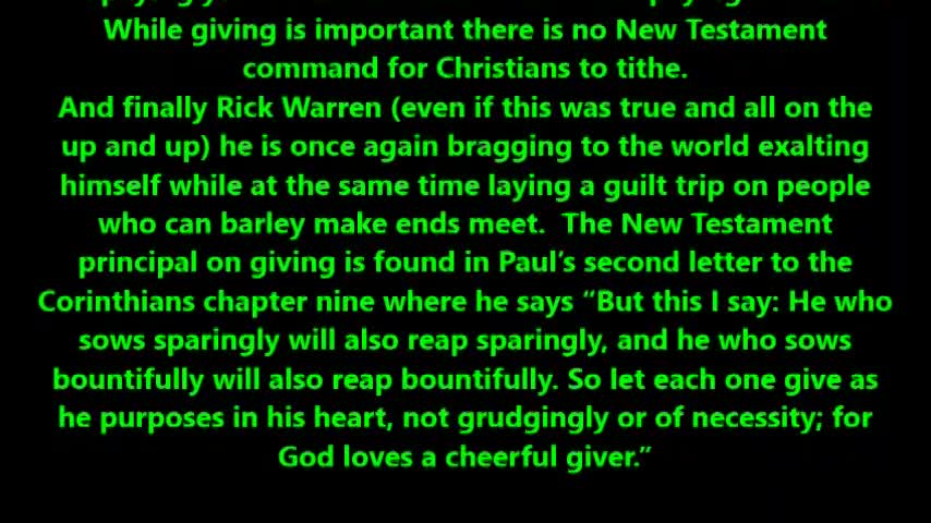 Rick Warren brags about reverse tithing giving %90 to God - Tries to bring you back under the law