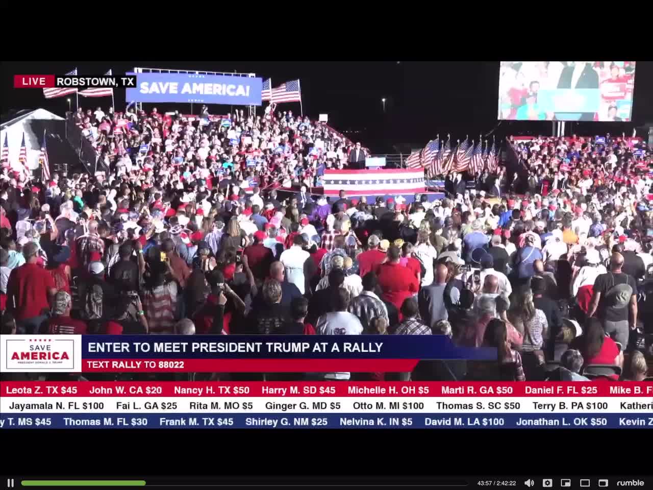 10/22/22 President Donald Trump Save America rally TX Crowd spontaneously erupts into the national anthem