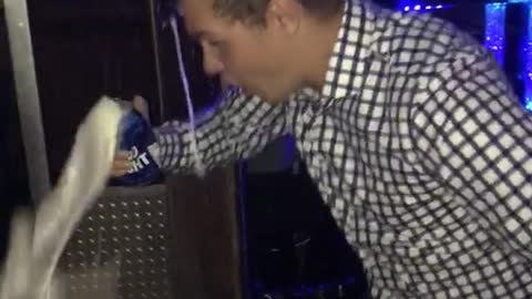 Guy on party bus cracks beer on head, spills most of it