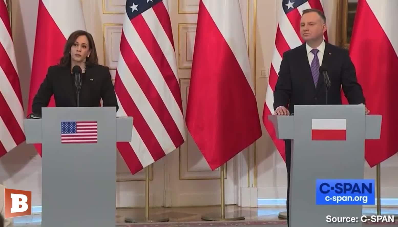 Kamala Harris nervously cackles in Poland when asked about serious question of refugees