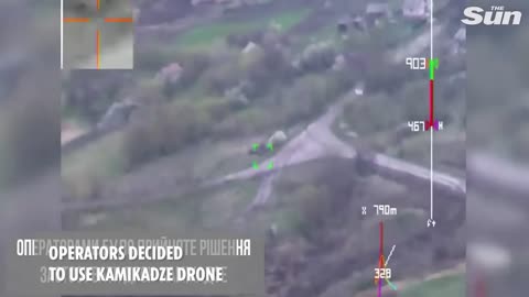 Ukrainian 'kamikaze' drone SMASHES into a Russian tank turning it into fireball