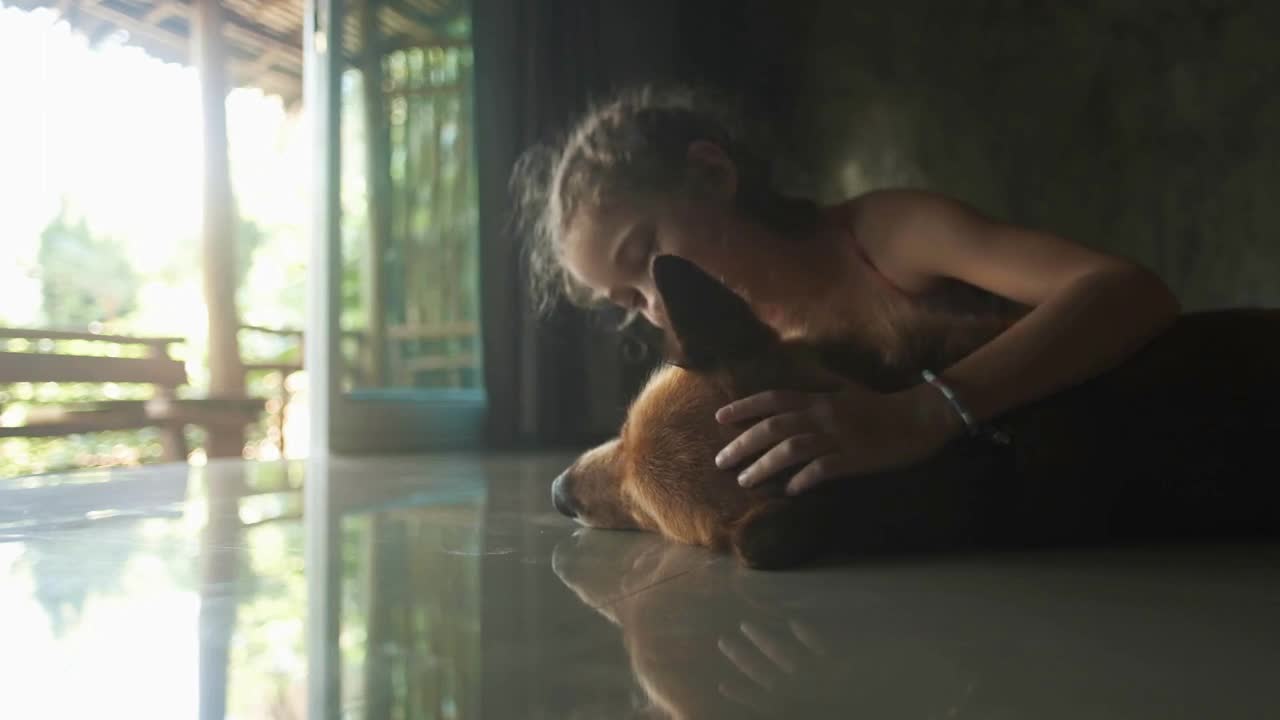 Smiling girl taking free time with her dog. Scratching her back