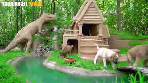 puppy house in the middle of the jungle with a lake in front