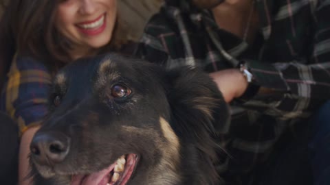 Happy couple petting their dog