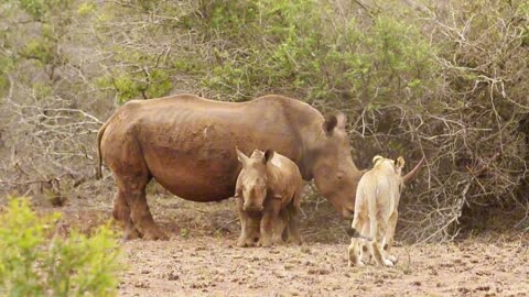 The funny video ,#The Lions ,# hunt rhino calf.