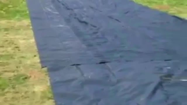 Guy and girl going sliding down slip and slide and falling down