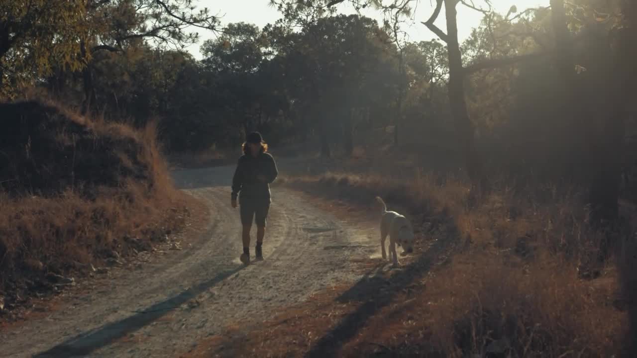 A man walking his dog at a forestin the morning
