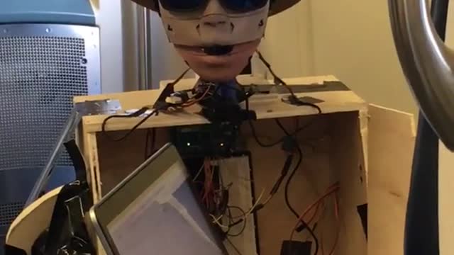 Robot with cowboy hat controlled by laptop subway