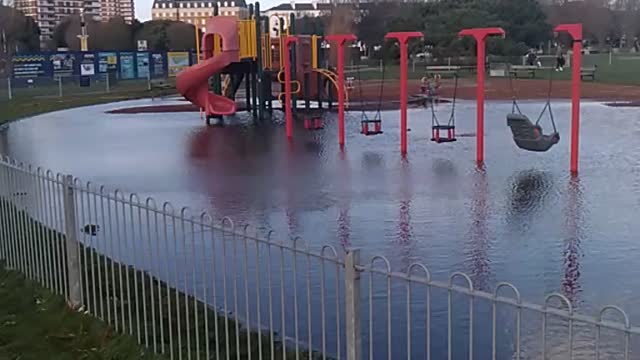 Southsea flooded carpark, playground and common.