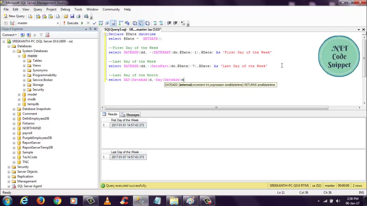 Get Current Date and also get first and last day of the week in .Net