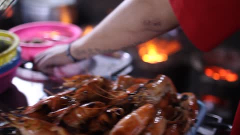 Seafood being roasted