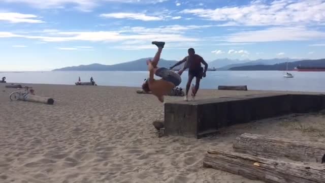 Collab copyright protection - two guys side flip block beach