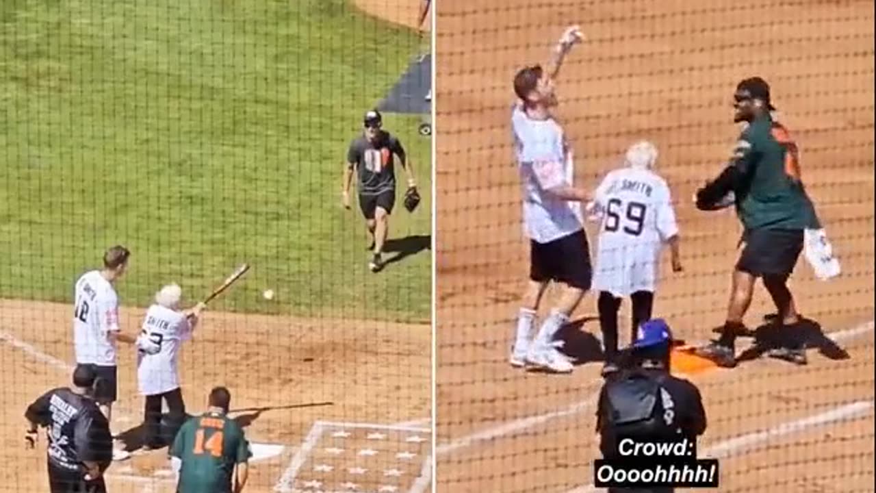 Grandma gets brutally run out by an NFL player during a celebrity charity softball game