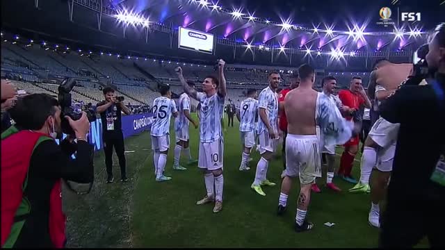 Lionel Messi And Argentina Team Celebrate with the crowd after Copa America 2021 Win