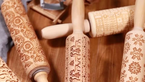 Printing Rolling Pins Rock Snowflake Elk Wooden Embossing Baking Cookies