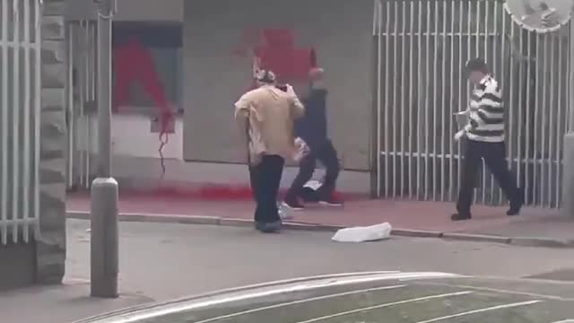 The Polish embassy in Moscow was doused with red paint.
