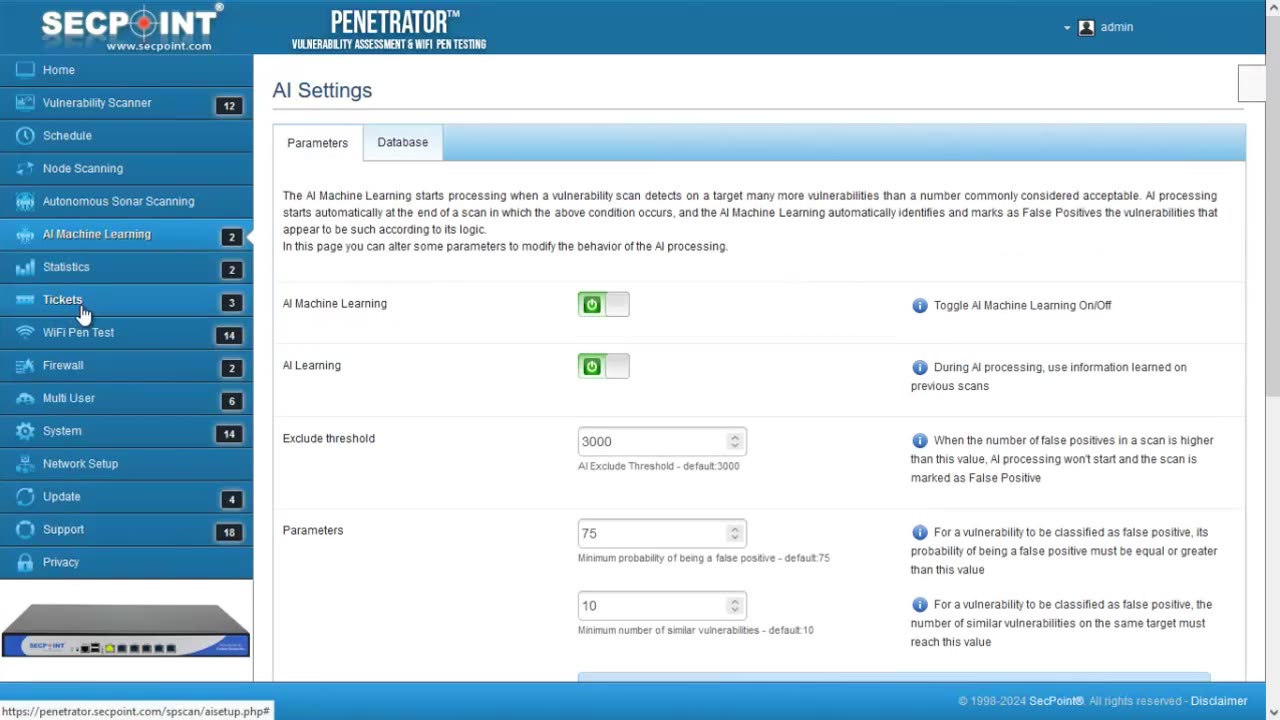 SecPoint Penetrator v59 Vulnerability Scanner AI Settings