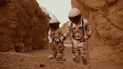 Astronauts stacking rocks