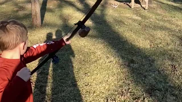 7 year olds 1st shot with new longbow