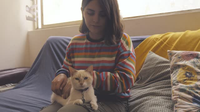 A woman sits on a couch and pets a cat