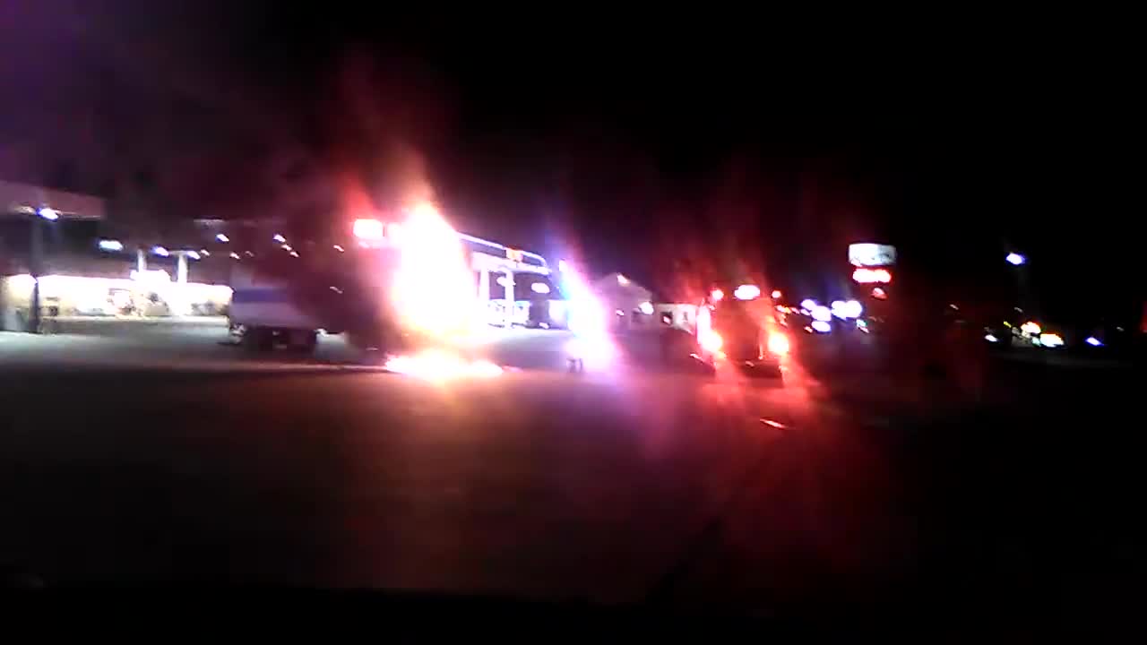 Truck Fire - Cargo Semi Truck Gas Station Explosion - Police Fire Trucks