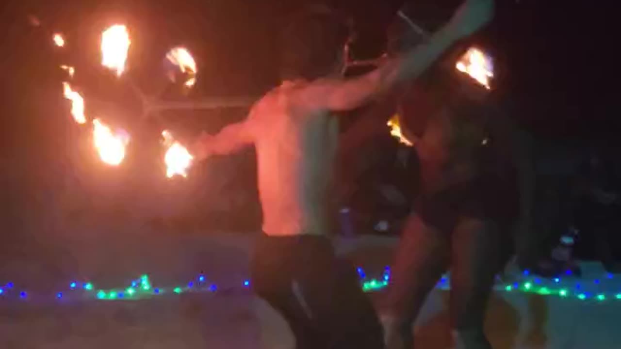 Estonia doing a fire show at South Pointe beach, South Beach, Miami Beach #southbeachmiami #fireshow