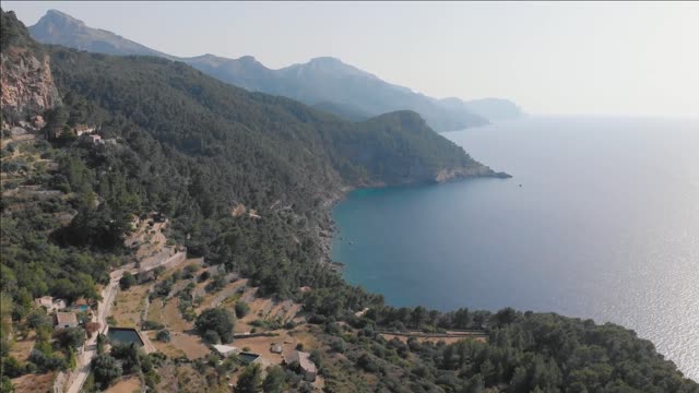 aerial view of beautiful rocky island of mallorca drone footage of mountain island