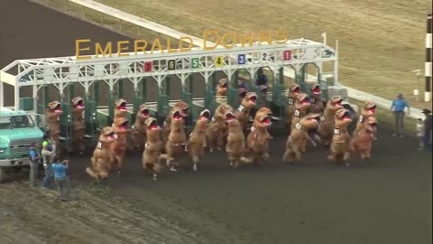 Dinosaurs take the track in viral T-Rex races
