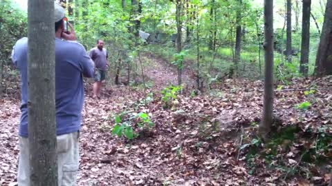Forest man jump creak fall in