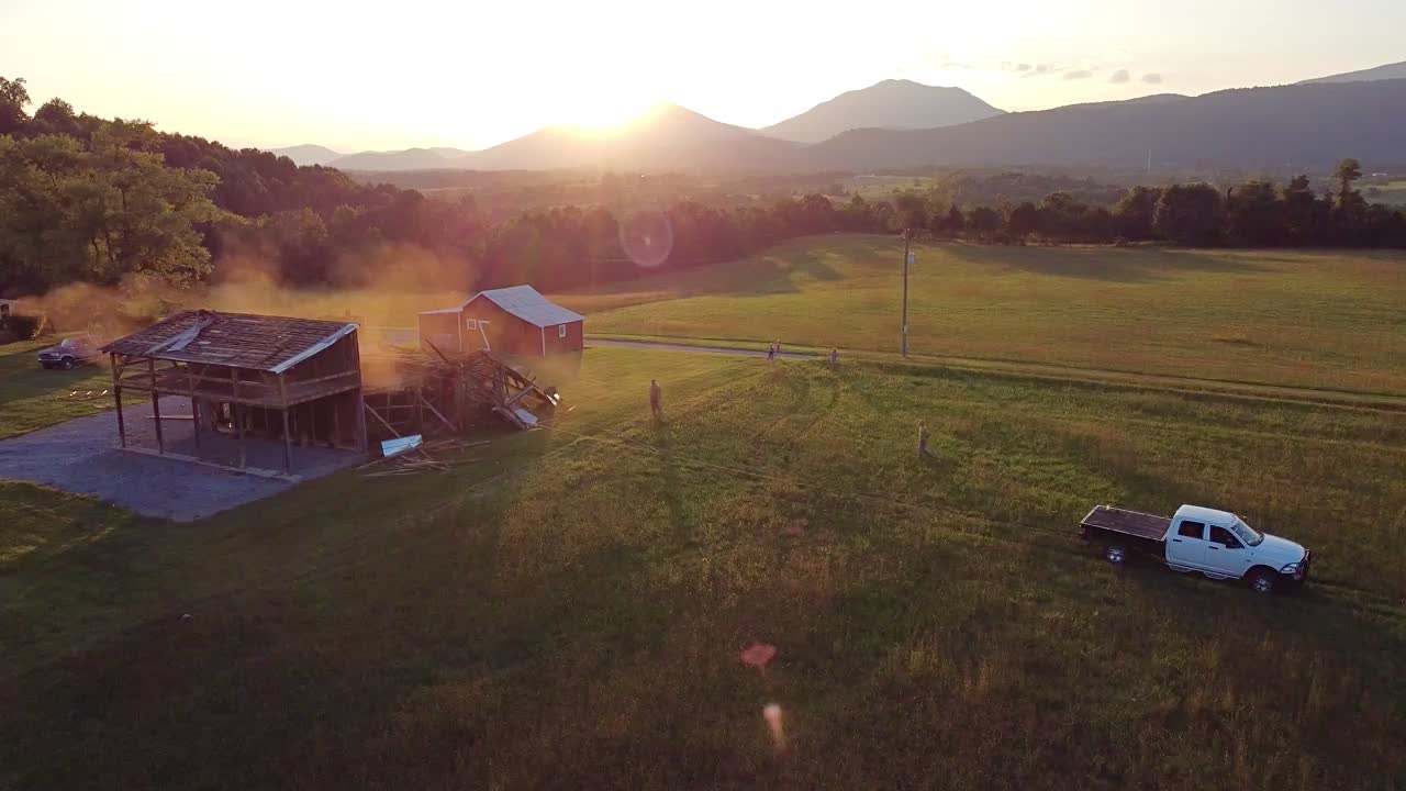 Drone Footage of Ram 3500 Pulls Roof Off Barn