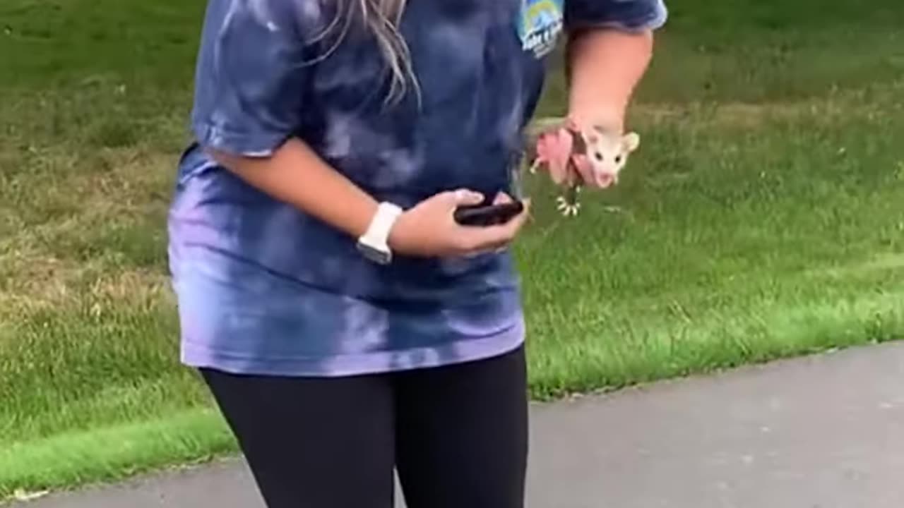 A young woman found a baby opossum in the middle of the road.