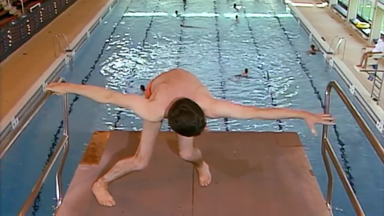 Mr Bean goes swimming and tries to attempt the diving board