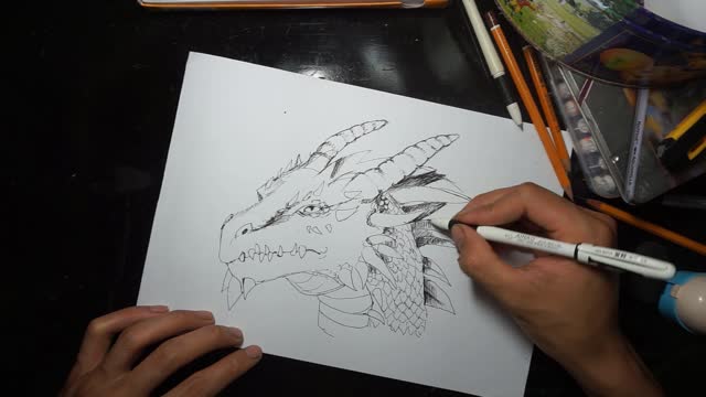 drawing dragon with ink pen