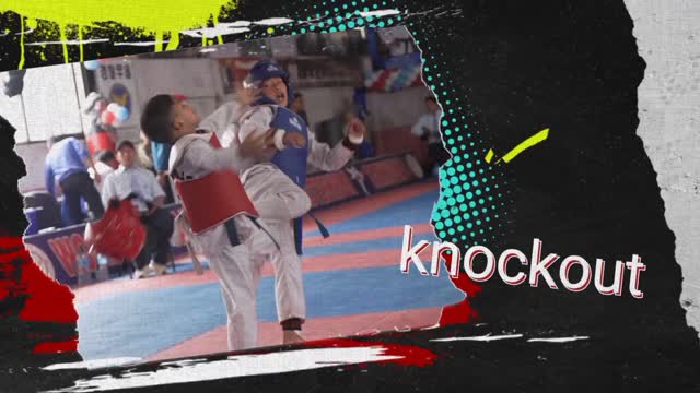 Little taekwondo boy kick on the face and knockout opponent easily