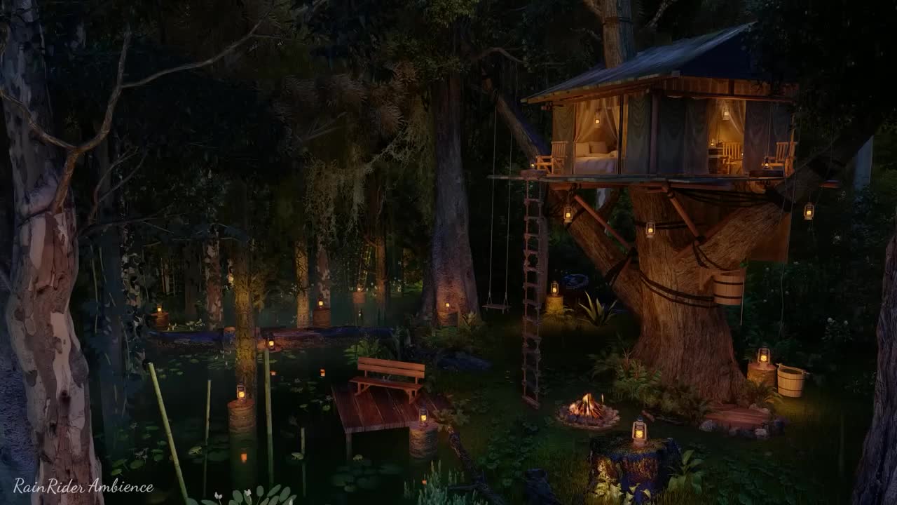 Tropical Rainforest Ambience nature sounds for sleep rain on leaves & cozy treehouse.