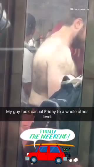 Shirtless guy red pants on subway train