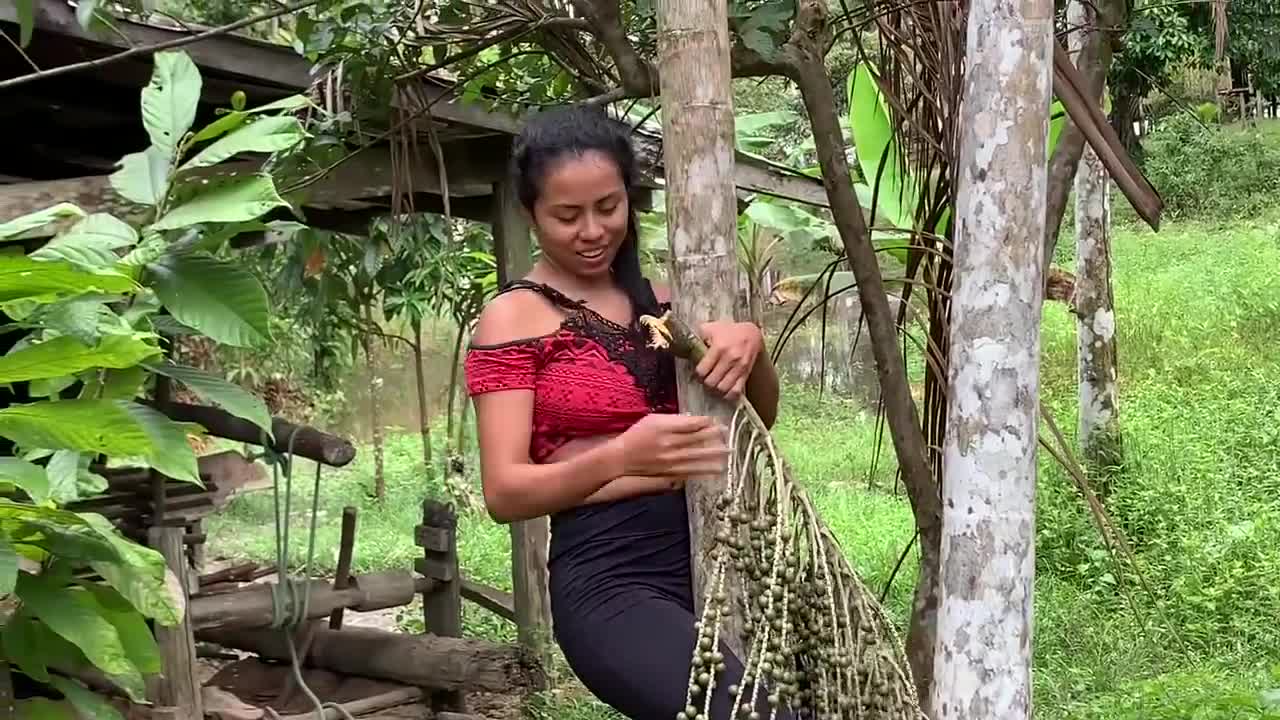 We climbed the açaí tree and picked fresh fruits