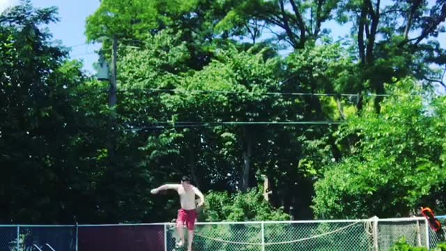 Collab copyright protection - man in red shorts break diving board