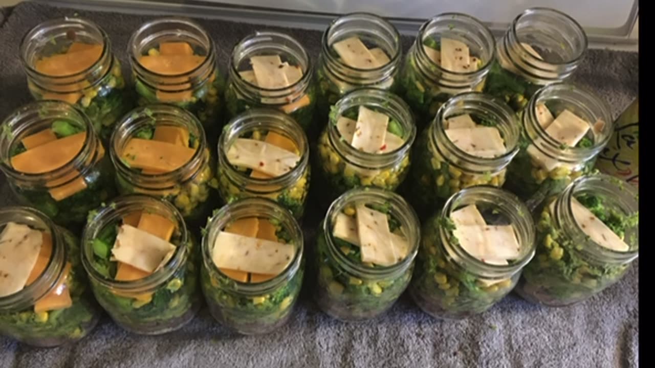 Oat beef broccoli corn cheese frozen jar meal prep.