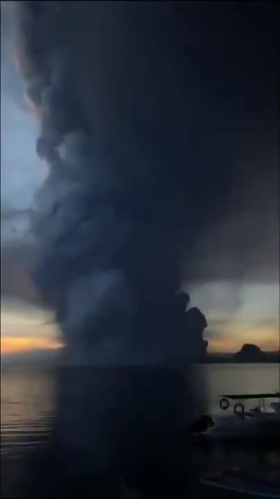 Lightning ripples through the ash cloud of an erupting Taal Volcano.