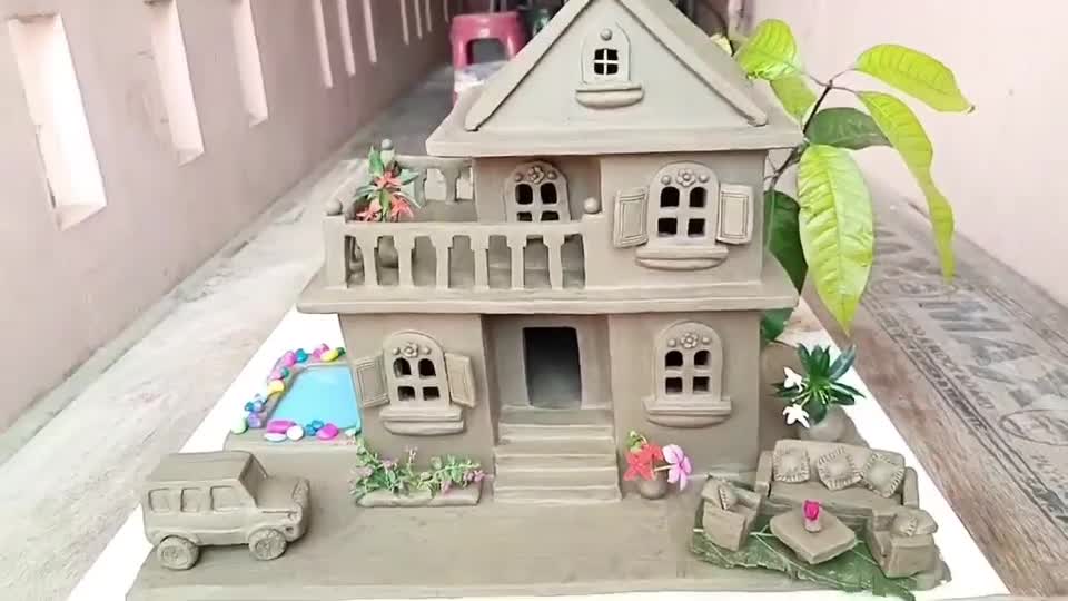 Amazing technique build dry miniature house, most creatively mud villa and swimming pool