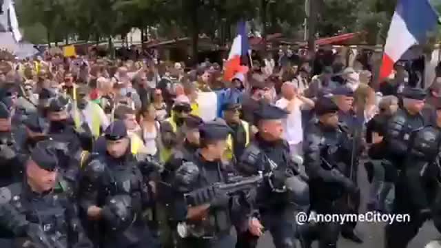 French Officers March with Vaccine Passport Lockdown Protesters in act of civil disobedience 7-31-21