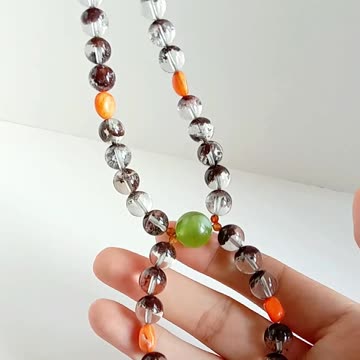 Orange Spiny oyster and black Ghost phantom quartz Prehnite pendant faceted Garnet beads necklace04