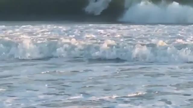 Guy washes out in wave and surf board flies up