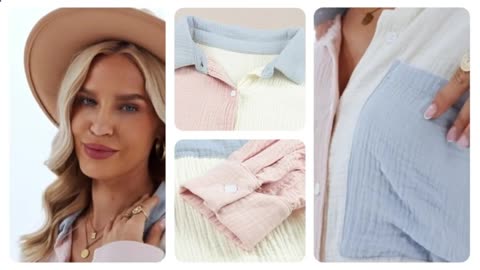 Dokotoo Womens Color Block Button Down Shirts - Stylish and Oversized Boyfriend Blouses Tops