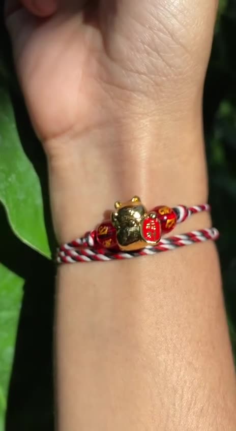 Original Bali Red Agate Lucky Cat Charm Bracelet for Prosperity and Protection
