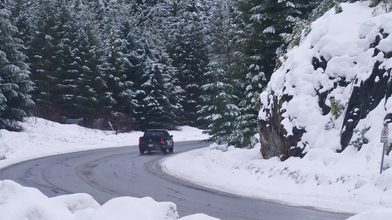 Curve on a snowy forest road