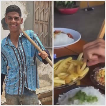 Luva de pedreiro comendo batata frita pela primeira vez